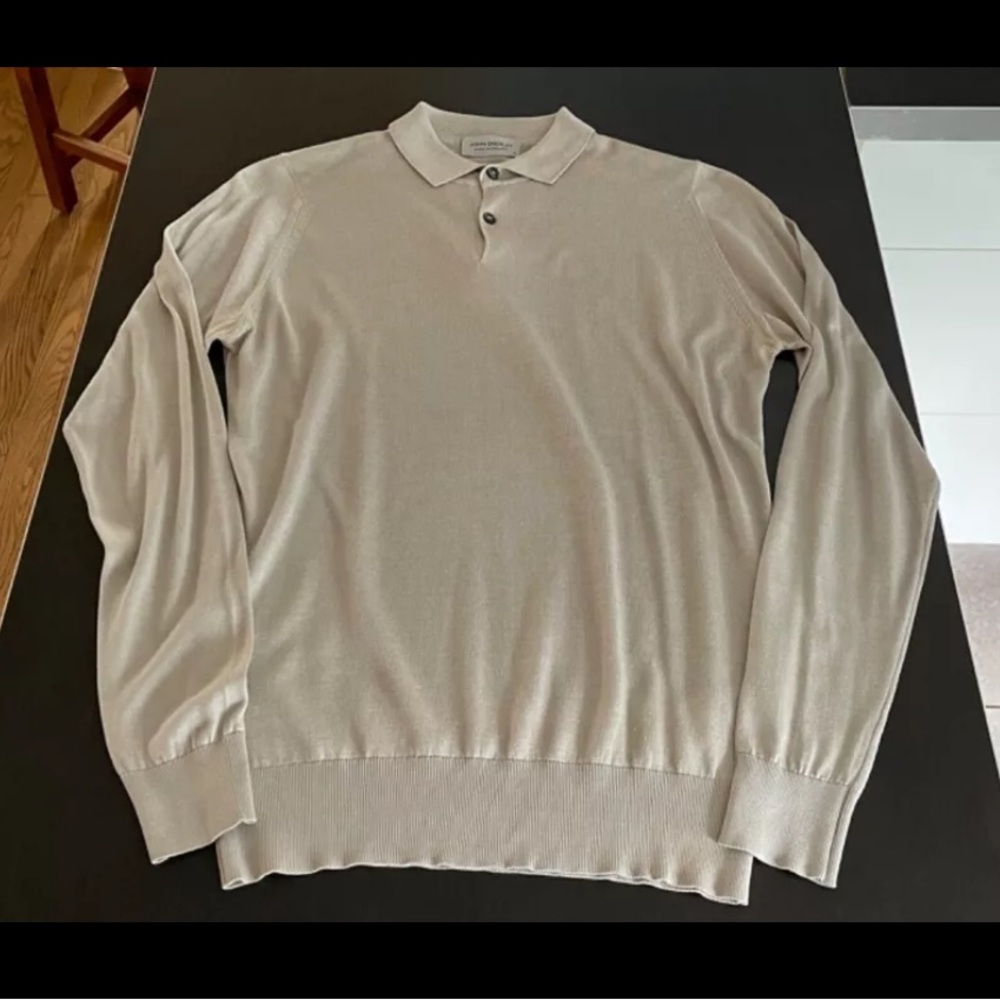 John Smedley Light Grey 100% Silk Long Sleeve Polo, Men’s M, Medium